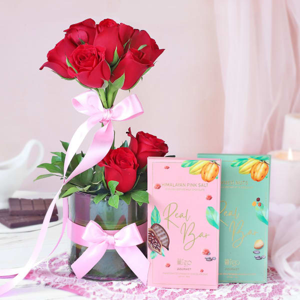 Vibrance Of Romance In Vase With Chocolates