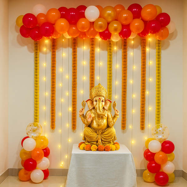 Vibrant Ganesh Chaturthi Balloon And Floral Decor