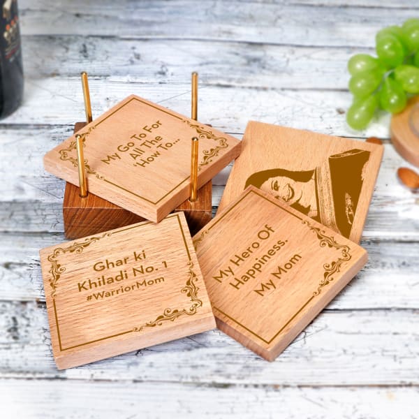 Warrior Mom Personalized Wooden Coasters with Stand (Set of 4)