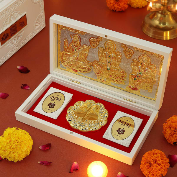 White Laxmi Ganesh Saraswati Charan Paduka Box