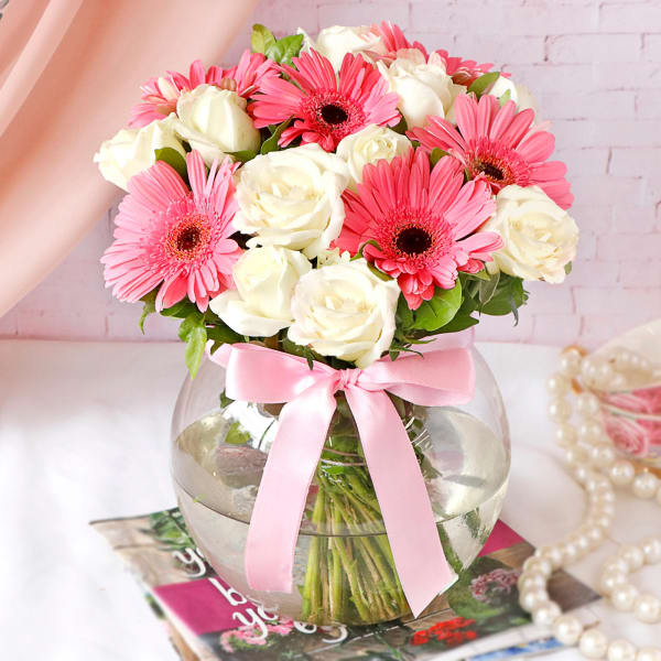 White Roses & Pink Gerberas In Round Vase