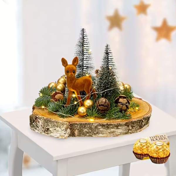 Winter Dream on wood with XMas lights and with 2 Ferrero Rocher