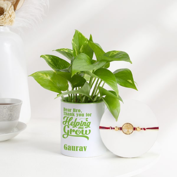 Wishing Tree Rakhi And Money Plant With Personalized Mug Planter
