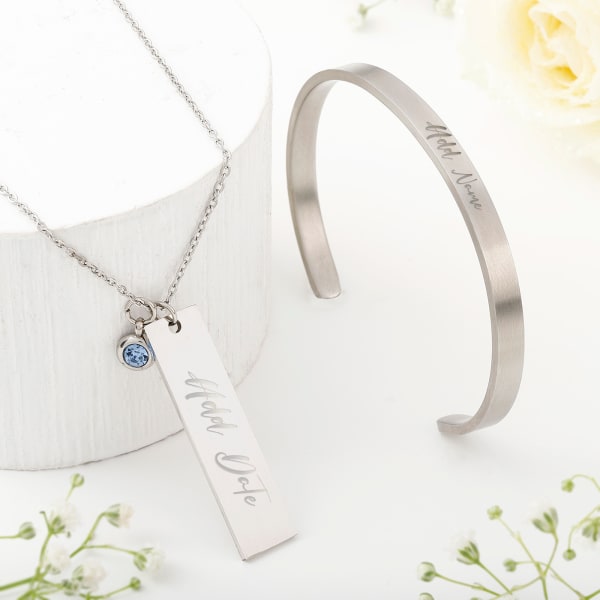 Women's Silver Pendant Chain With Charm And Cuff Bracelet - Personalized