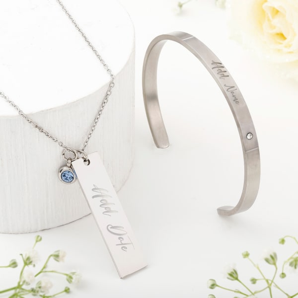 Women's Silver Pendant Chain With Charm And Cuff Bracelet - Personalized