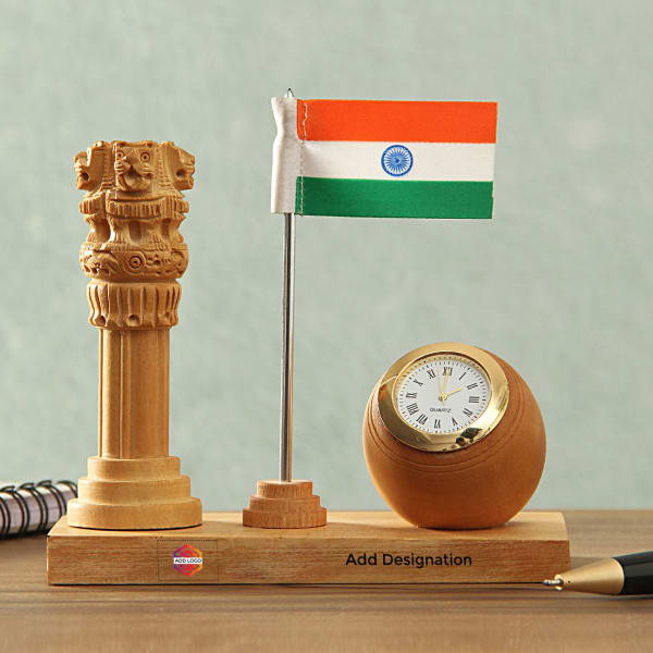 Wooden Ashok Stambh and Clock - Customizable with Logo & Designation
