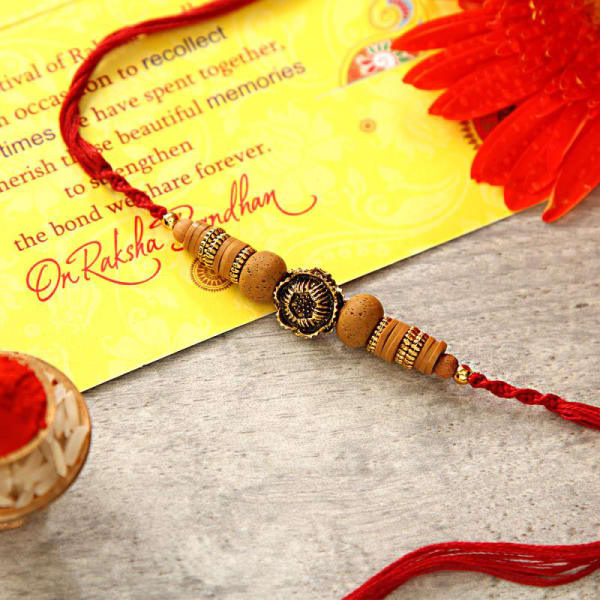 Wooden Bead Work Antique Thread Rakhi Gift/Send Rakhi Gifts Online