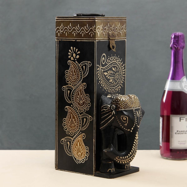 Wooden Embossed Painted Elephant Shape Wine Bottle Box
