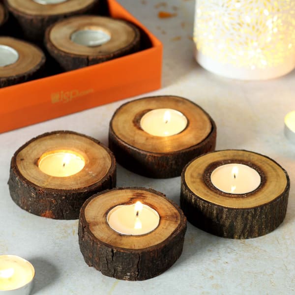 Wooden Log Candle Diya Set
