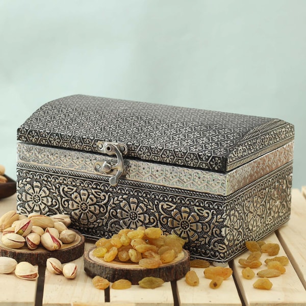 Wooden Metal Embossed Oxidized Chest with Dry Fruits