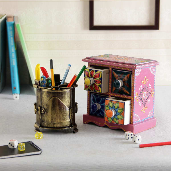 Wooden Painted Box With Mini Drawers And Sigdi Shaped Pen Stand