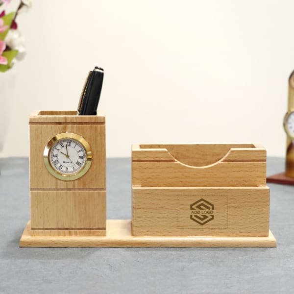 Wooden Pen Holder with Clock Customized with Logo Gift/Send Business