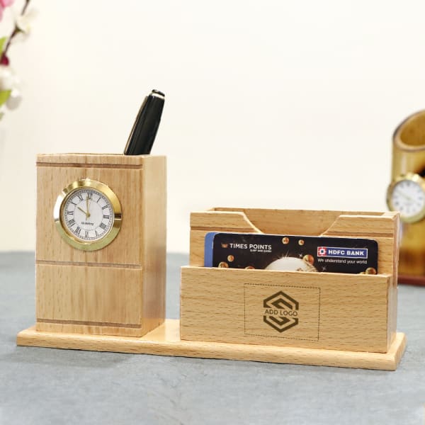 Wooden Pen Holder with Clock Customized with Logo Gift/Send Business