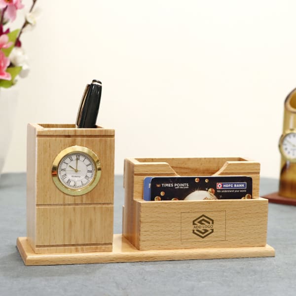 Wooden Pen Holder with Clock - Customized with Logo