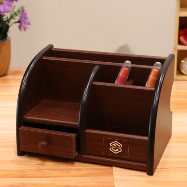 Wooden Pen Stand with Organizer - Customized with Logo