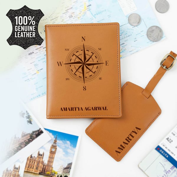 World Compass Personalized Leather Travel Combo - Tan