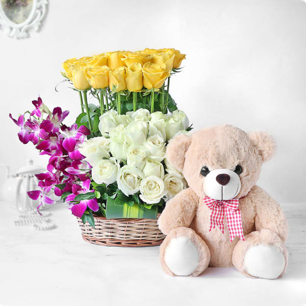 Yellow and White Roses with Orchids in Basket with Teddy Bear
