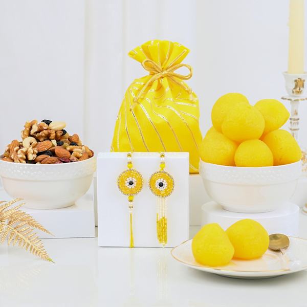 Yellow Charm Bhaiya Bhabhi Rakhi Hamper