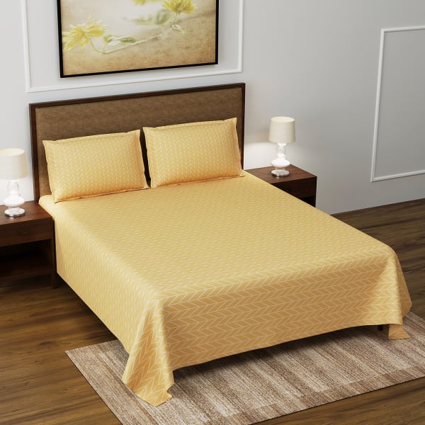 Yellow Leafy Print Fitted Double Bedsheet