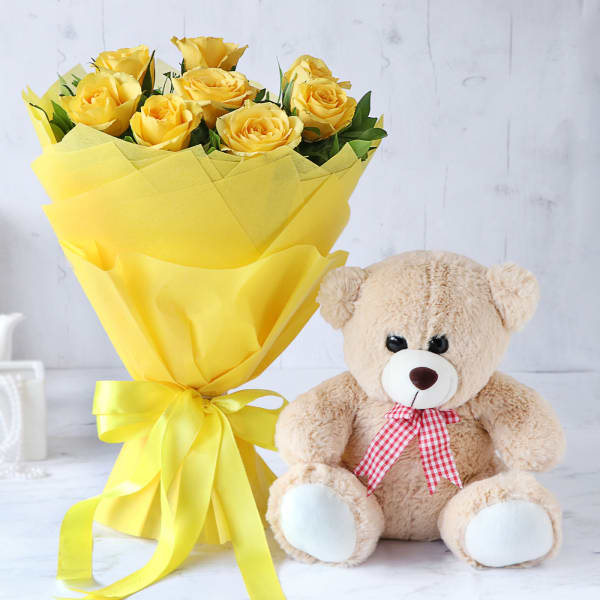 Yellow Rose Bouquet with Pink Teddy