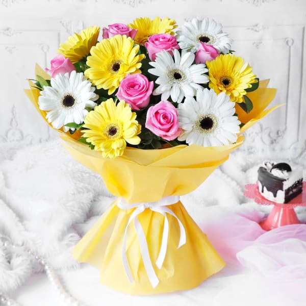 Yellow & White Gerberas with Pink Roses in Yellow Wrapping
