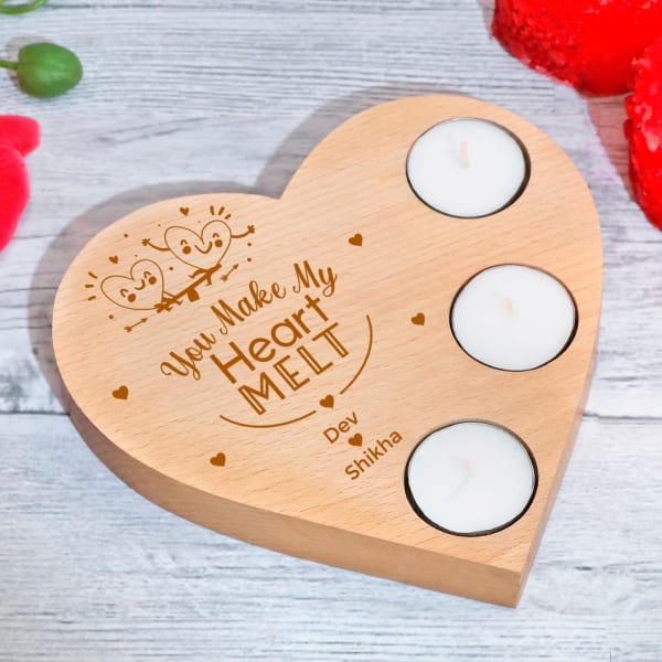 You Make My Heart Melt Personalized Wooden Heart Tealight Holder