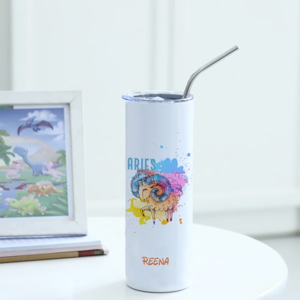 Zodiac Charm - Personalized Stainless Steel Tumbler With Straw - Aries