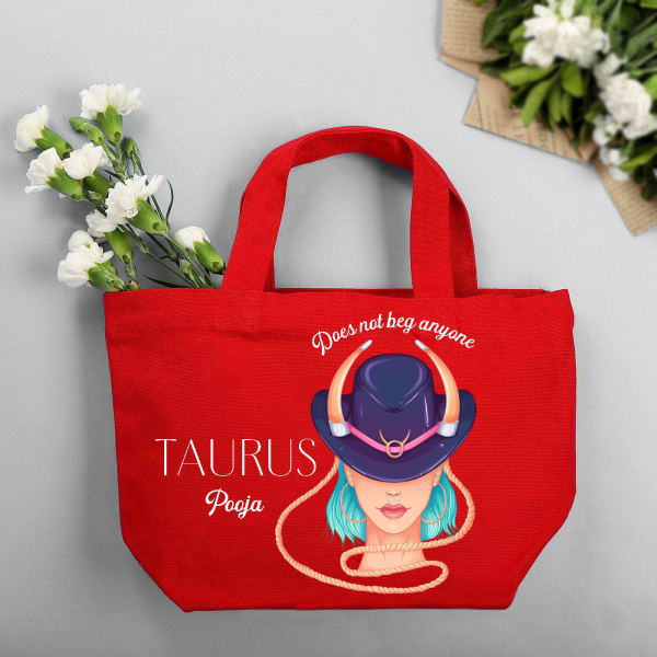 Zodiac Star - Personalized Red Canvas Tote Bag - Taurus