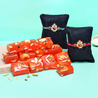 Badami Orange Halwa with Two Ganesha Rakhi