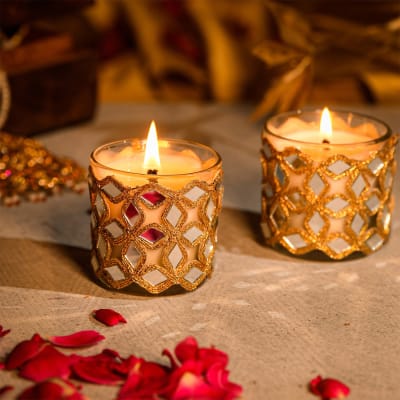 Beautiful Glass Adorned Noor Candles - Set Of 2