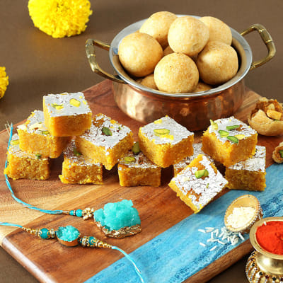 Bhaiya Bhabhi Rakhi with Moong Dal Barfi & Dry Fruit Kachori Hamper