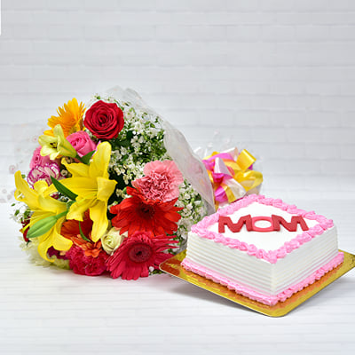 Order Bouquet of Vibrant Flowers with Vanilla Cake Online at Best Price ...
