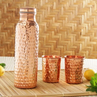Copper Water Bottle with 2 Glasses