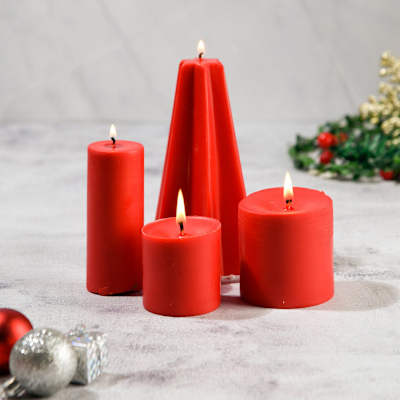 Cranberry Red Christmas Pillar Candles - Set Of 4