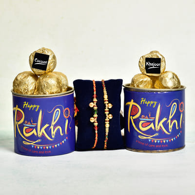 Crystal Beads & Ghunghroo Set of 2 Rakhis with 2 Chocolate Laddoo Cans