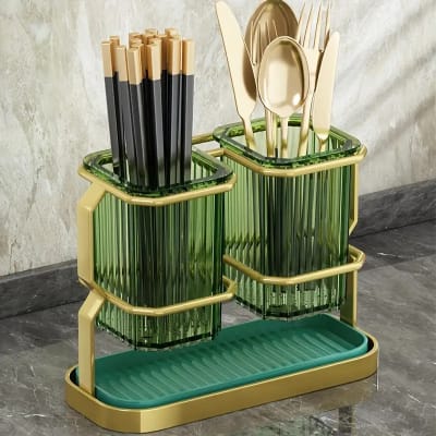 Cutlery Organizer With Knife Slots And Drain Pan - Single Piece