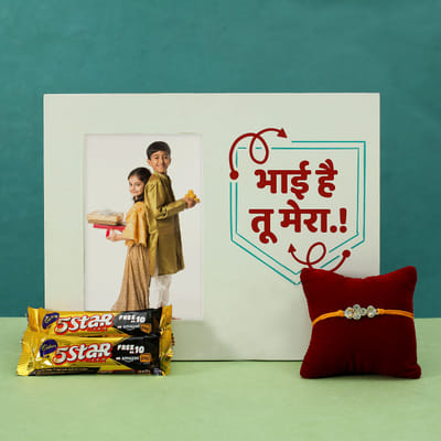 Cz Stone Rakhi with Personalized Photo Frame and 2 Five Star Chocolate