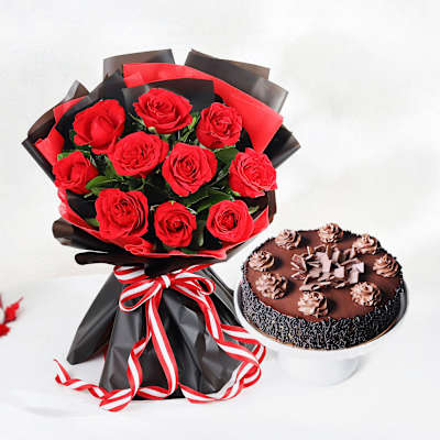 Decadent Chocolate Truffle Cake And Red Roses Bouquet Combo