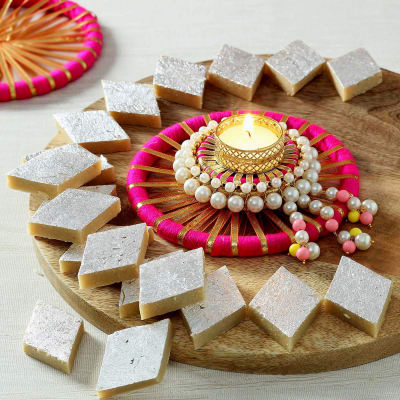 Decorative Candle Diya with Kaju Katli: Gift/Send Diwali Gifts Online  J11103511 |IGP.com