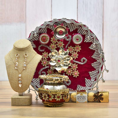 Designer Karwa Chauth Puja Thali Hamper with Pendant Set and Ferrero ...