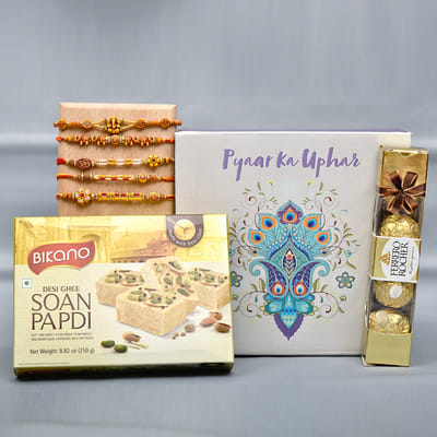 Divine Set of 5 Ganesha & Om Beaded Rakhis with Soan Papdi & Chocolates