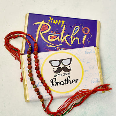 Divine Set of Rudraksha & Beads Embellished Rakhi with Choco Almond Bar