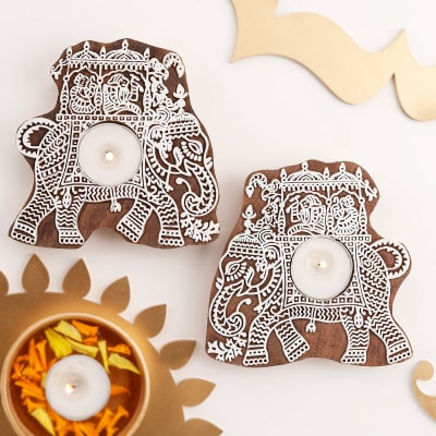 Eco-friendly Elephant Candle Holder With Tea Light Candle - Set Of 2