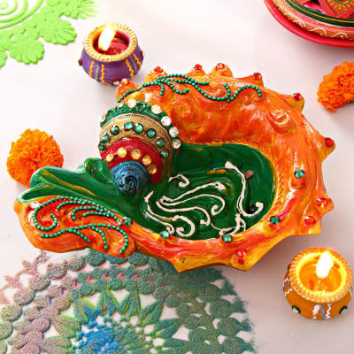 Elegant Clay Painted Diya: Gift/Send Diwali Gifts Online L11072816 |IGP.com