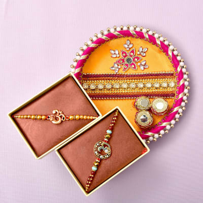 Fancy Om Rakhi Set With Puja Thali Decorated With Stone Gota