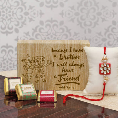 Floral Shaped Kundan Decor Rakhi with Personalized Chocolate Box Combo
