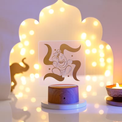 Ganesha With Swastik Wooden Base LED Lamp