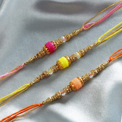 Glorious Set of 3 Colourful Beads with Kundan Beads Designed Rakhi