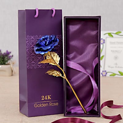 Gold Plated Rose With Blue Petals