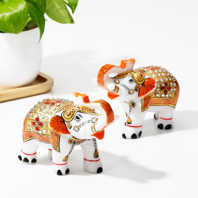 Hand-Painted Meenakari Marble Elephant - Set Of 2